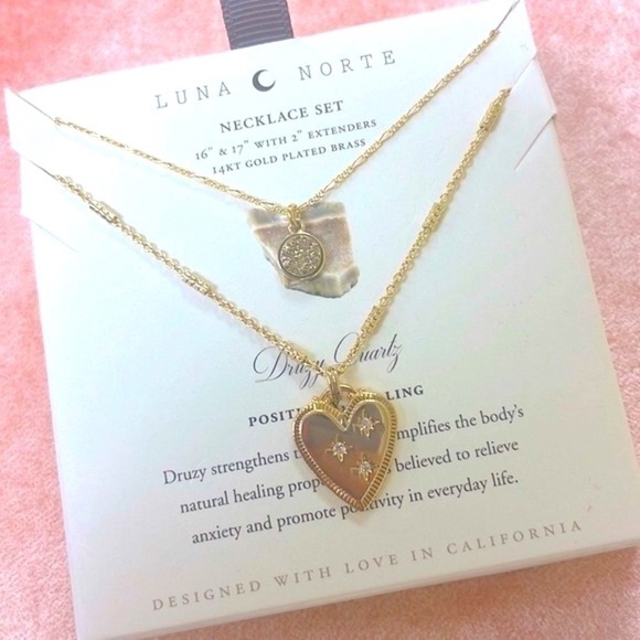 Brand New Luna Norte 14K Gold Plated Brass Druzy Quartz Two Piece Necklace Set - Picture 1 of 14
